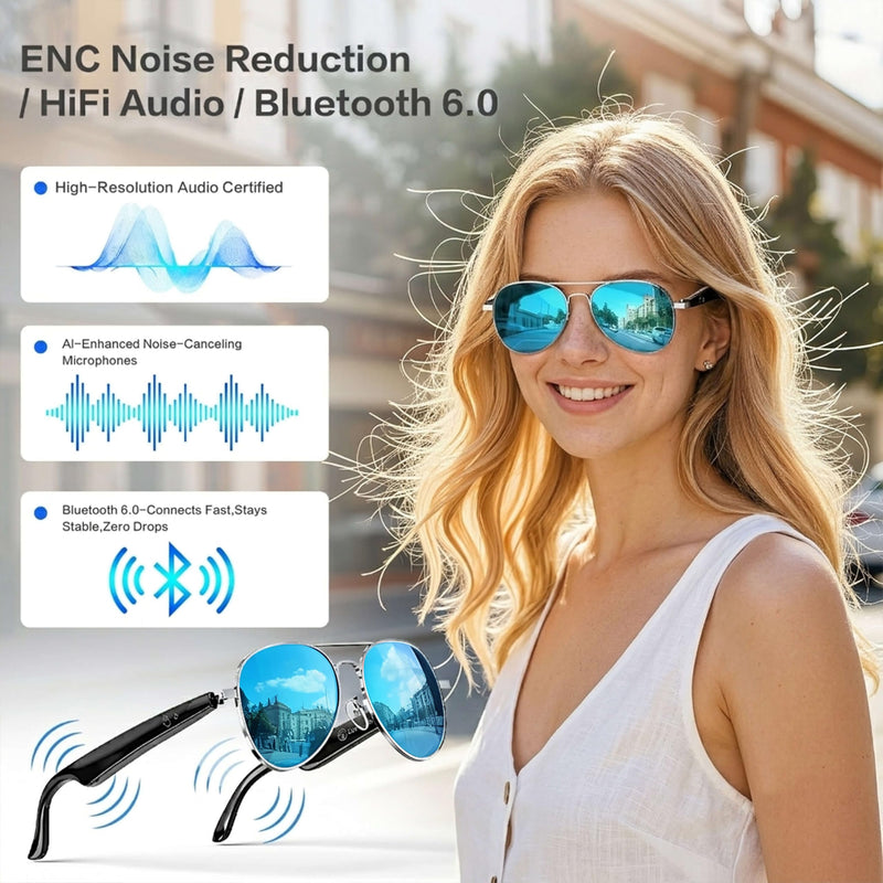 EarlySincere AI Smart Glasses, Smart Translation Glasses That Support 164 Language Translation, IP65 Waterproof Smart Sunglasses, Classic Aviator Sunglasses with Voice Assistant/AI Call/Chat GPT