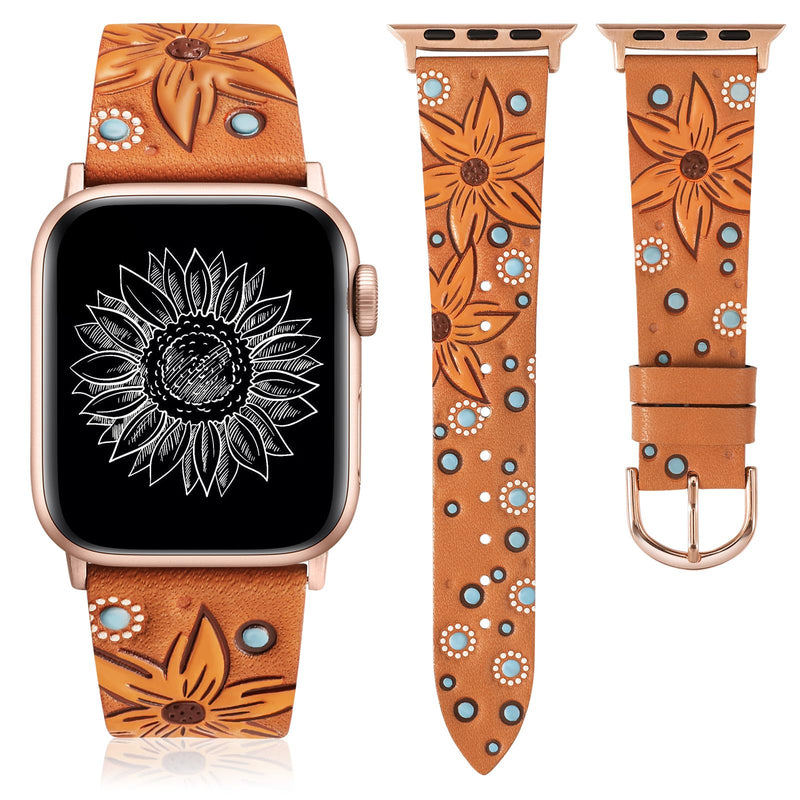 Minyee 2 Packs Band Compatible with Apple Watch Band Women 42/46/38/40/41/44/45/49mm, Premium Soft Leather Strap with Bling Dainty Flower Charm & Boho Western Embossed Sunflower Floral Premium Leather