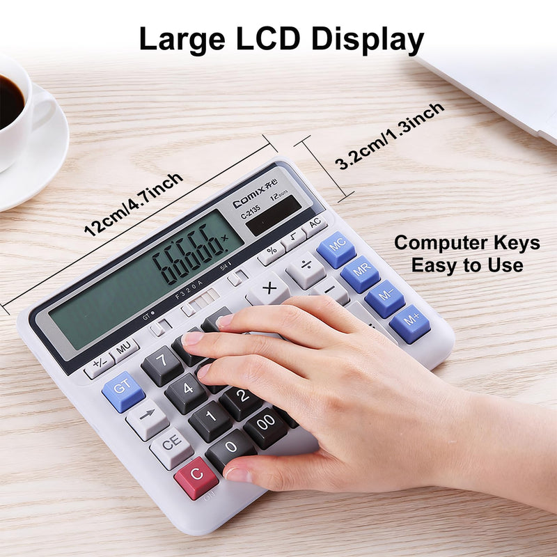 Comix Desktop Calculator, 12 Digits Large Desk Calculator, White, 2 Pack | Solar Battery Dual Power, Large LCD Display, Computer Keys, 4 Function Basic Calculator for Office Business Home Use