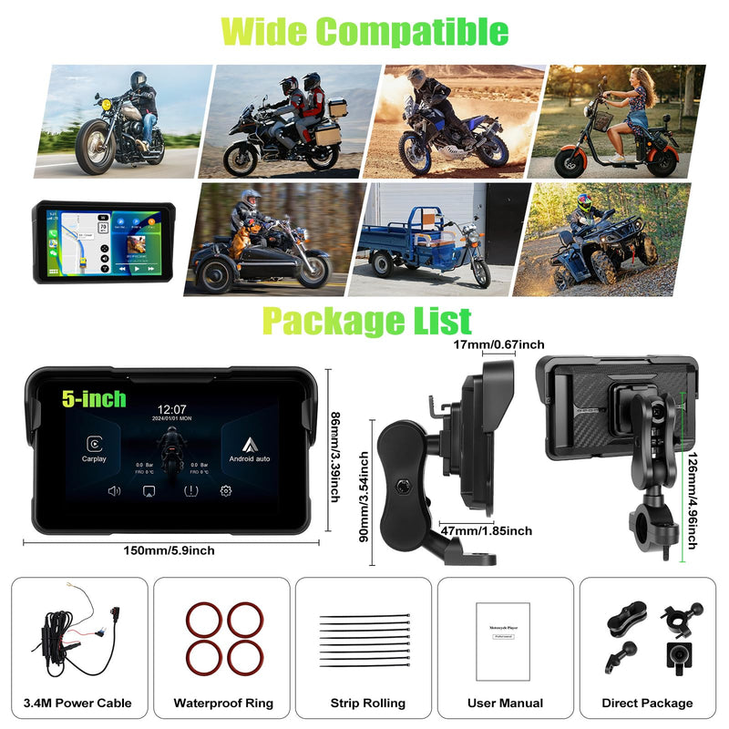 CAMECHO Removable Motorcycle CarPlay & Android Auto Screen, Wireless Apple Car Play Portable Car Stereo for Moto Motorbike, 5" Waterproof Touch Screen, Pantalla para Carros con Bluetooth, Mirror Link