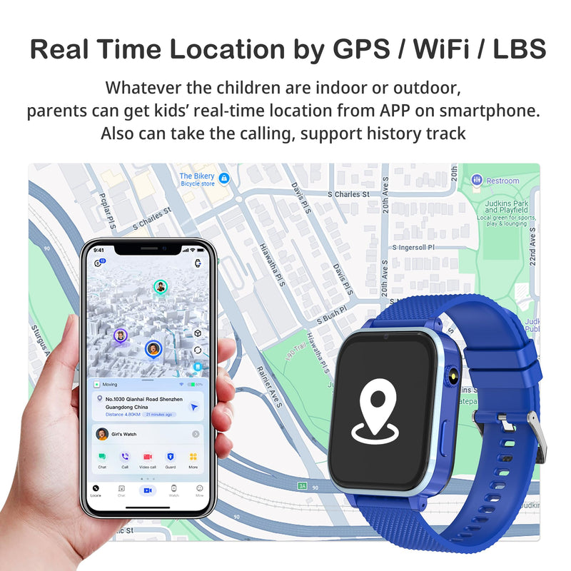 Kids Watch with GPS Tracker, 4G Kids Smart Watch Boys Age 5-12, Kid Cell Phone Watch with SOS Video Call Voice Chat Message Puzzle Camera Flashlight Alarm Clock Pedometer Puzzle Games Blue