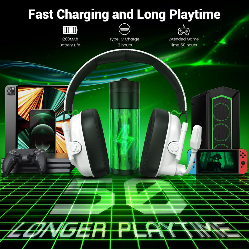 Krysenix 2.4 GHz Wireless Gaming Headset for PC, PS5, PS4, Switch, Mac, Bluetooth 5.4 Gaming Headphones with Noise Canceling Microphone, Cool RGB Lighting, 50Hr Battery, Foldable, 50mm Drivers-White White