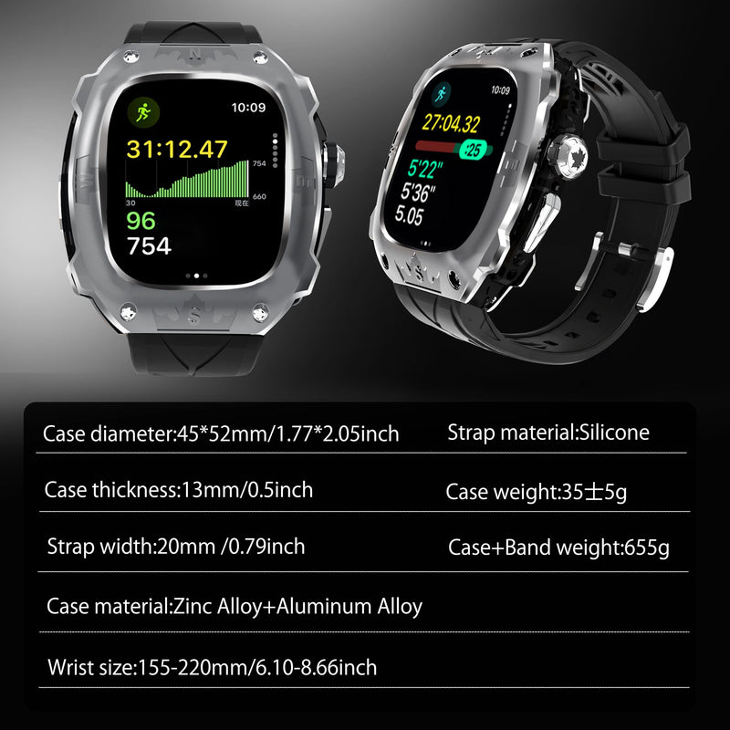 Rugged Metal Case with Silicone Band for Apple Watch Ultra 2/1 49mm, Shockproof Protective Cover with Strap Compatible with iWatch Ultra 2/1 49mm for Men (Silver) Silvery