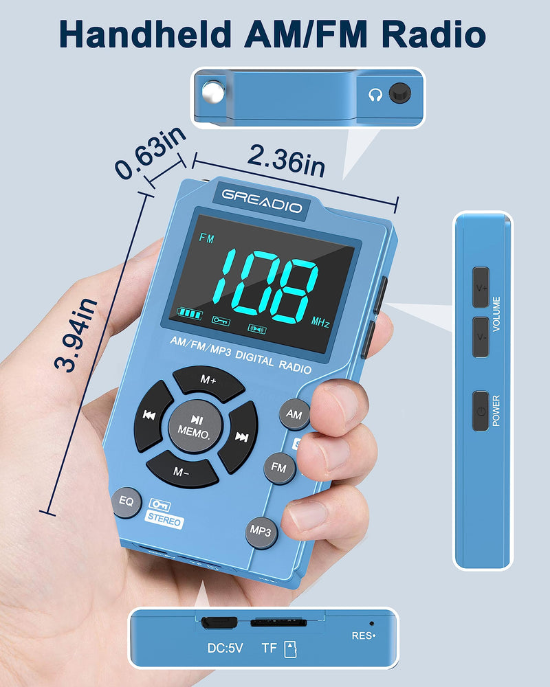 [AUSTRALIA] - Greadio Portable AM FM Radio with MP3 Player, Best Reception Pocket Radio, Large LCD Screen and Easy to Use, 6 EQ Stereo, Earphone Jack for Jogging, Walking, Camping Blue 