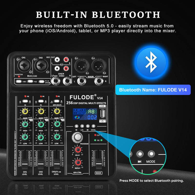 4 Channel Mixer DJ Audio Mixing Console with 256DSP, Small Music Sound Mixer Board Supports USB Bluetooth MP3 Computer Input, 48V Phantom Power & PAD Function for Recording Studio Streaming V14