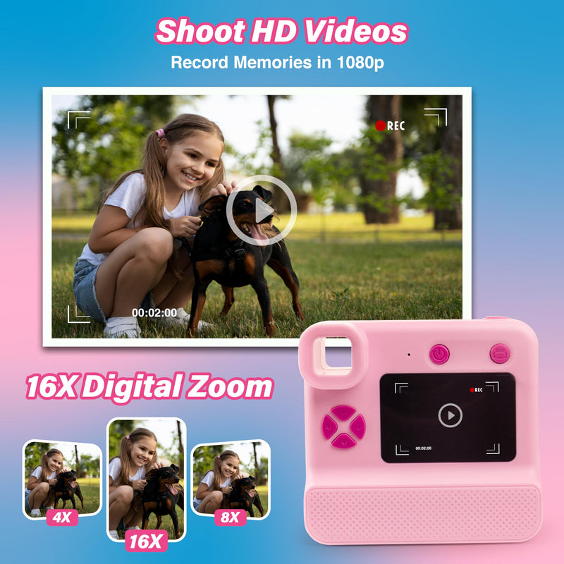 GabbaGoods Instant Print Kids Camera For 3 4 5 6 7 8 9 Year Old Kids With 32GB SD Card, Instant Thermal Print Feature Best For Gift On Christmas/Birthday/Holiday | Toddler Camera | Kids Digital Camera Pink