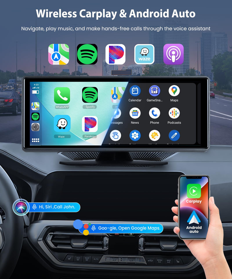 10.26” Wireless CarPlay Screen Portable Car Stereo, Upriding Wireless Android Auto Mirror Link, 1600x600 IPS Touchscreen, Voice Control, Navigation, Bluetooth, Plug n Play