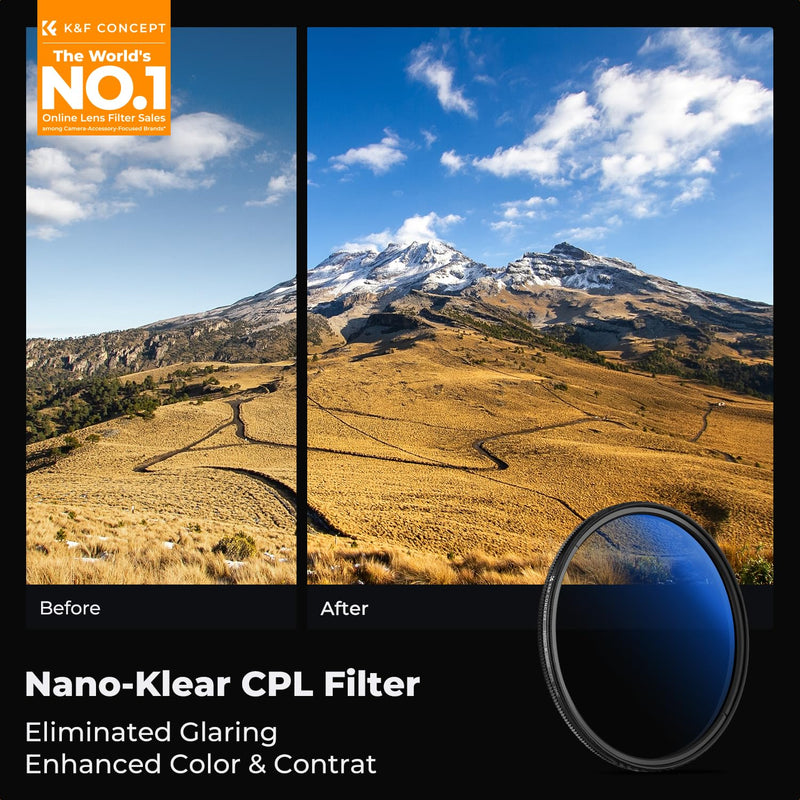K&F CONCEPT 46mm Circular Polarizer Filter with Lens Cap Cleaning Cloth Optical Glass Ultra Slim 18 Multi-Layer Coatings Polarizing Filter for Camera Lens (K-Series)