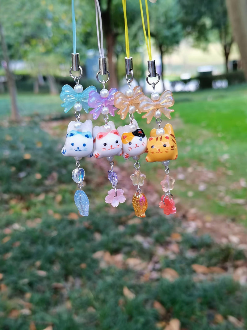 Cute Lazy Cat Phone Charm Bow Flower Fish Butterfly Beaded Aesthetic Keychain Charm Phone Charm Accessories pink