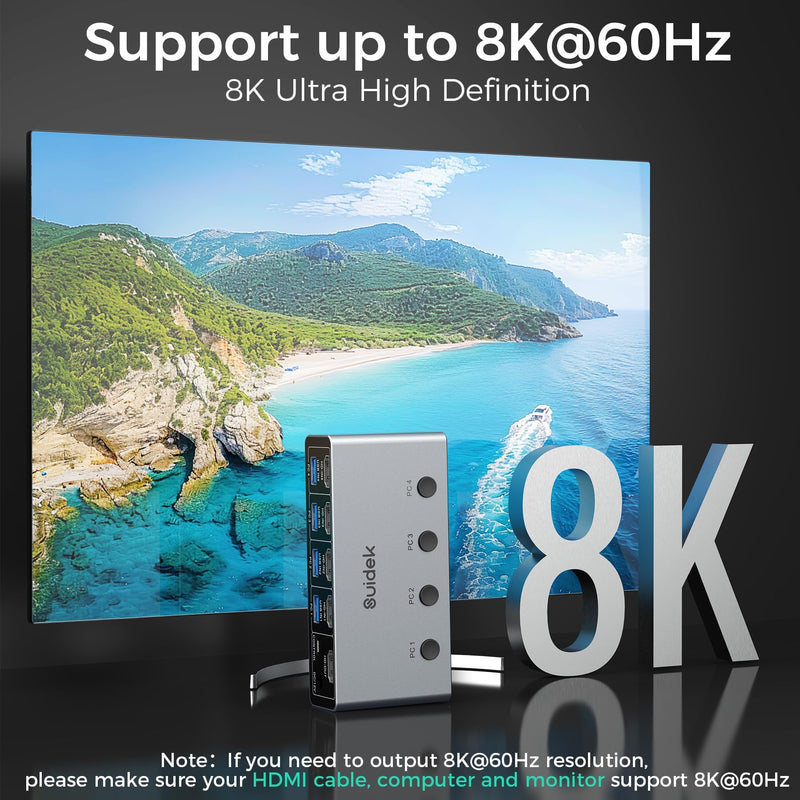 SUIDEK 8K@60Hz HDMI KVM Switch 4 Computers 1 Monitor-4 Ports USB 3.0(3A+1C) | Aluminum KVM Switches, Share 1 Monitor Keyboard Mouse Printer - Includes 4 USB Cables, Desktop Controller & 12V Power Adapter