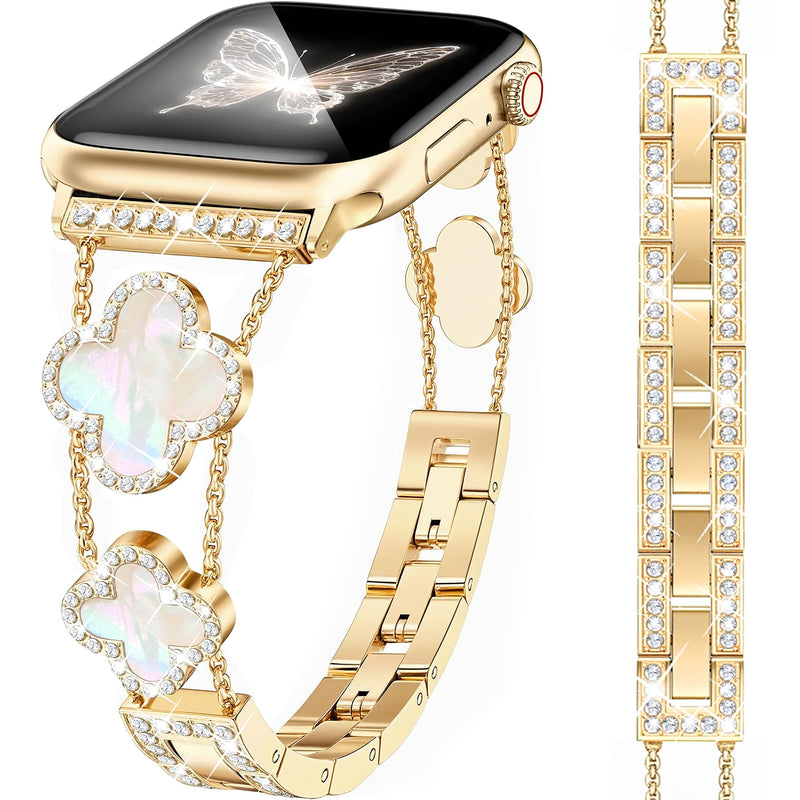 MOINSPIRE Silver Bling Diamond Clover Band Women Slim Band and 3Pcs 18k Golden Jewelry Set Bundle Compatible with Apple Watch 38mm 40mm 41mm 42mm 44mm 46mm 45mm 49mm for iWatch Series 11/10/9/8/7/6/5/