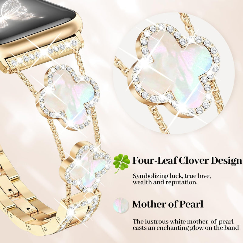 MOINSPIRE Silver Bling Diamond Clover Band Women Slim Band and 3Pcs 18k Golden Jewelry Set Bundle Compatible with Apple Watch 38mm 40mm 41mm 42mm 44mm 46mm 45mm 49mm for iWatch Series 11/10/9/8/7/6/5/