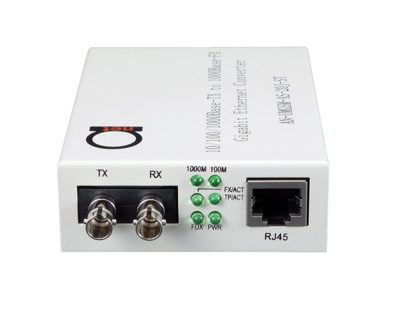 Single Mode ST Gigabit Fiber Media Converter to Ethernet RJ45, 20km/12.4mi | 1310nm dual-fiber, built-in ST module - copper Cat5e or Cat6, auto-sensing 10/100/1000, jumbo frame, LLF, cord in box