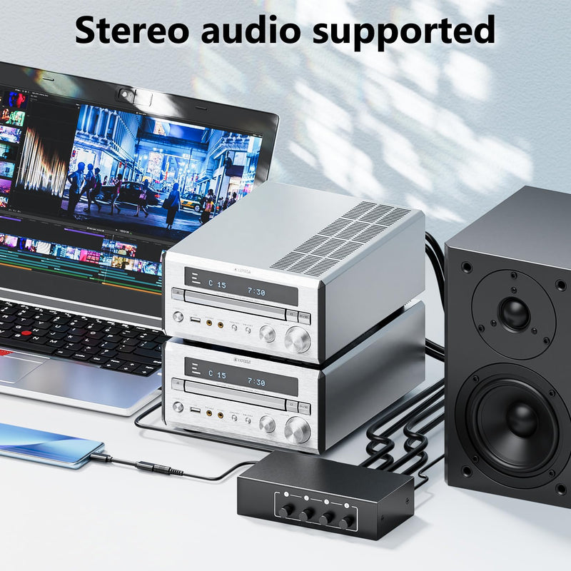 [AUSTRALIA] - 3.5mm Aux + RCA L/R Audio Splitter 1 in 4 Out, BolAAzuL 4-Way Stereo Audio Distributor Box 4-Channel Stereo RCA Splitter 1x4 for DVD Player, Game Console, Headphones, Speaker - w/Power 