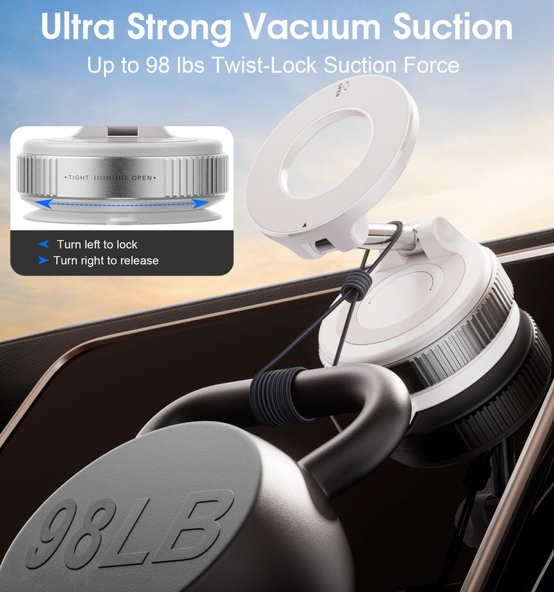 REOKILY Strong Magnetic Car Phone Holder for MagSafe Ultra Vacuum Suction Cup Phone Mount 360° Cell Phone Holders for Your Car Accessories for iPhone 16 15 14 13 12 Android White