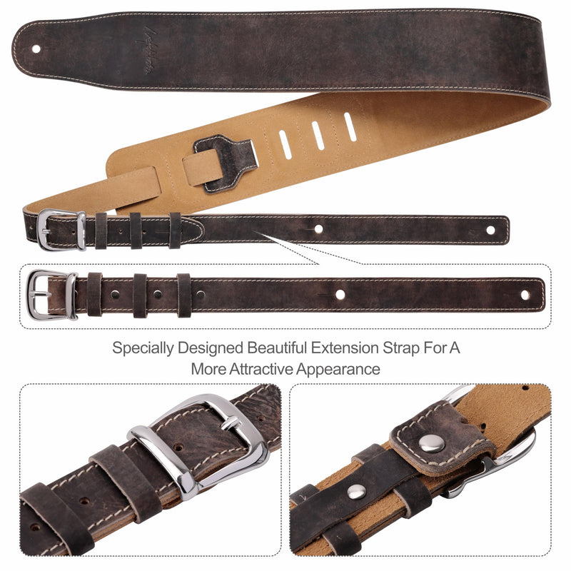 Nefelibata 3" Wide Extended Guitar Strap, Full Grain Cowhide Leather with Foam Padding and Detachable Extension Strap for Heavy Duty Guitars like Bass and Electric Guitar Brown