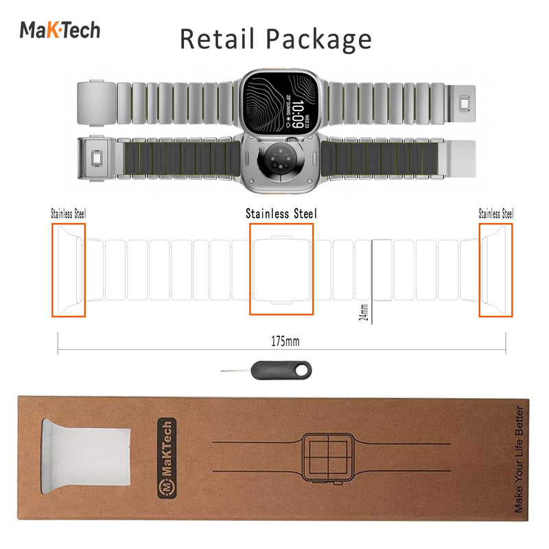 Titanium Band for Apple Watch 11/10/9, Ultra 3, SE 3, Silicone Lined, DLC | MaKTech DLC Scratch-Resistant, Magnetic Clasp, Lightweight Bracelet, for Apple Watch 11/10/9/8/7/6/5/4, Ultra 3/2/1, SE 3/2/1 46mm/45mm/44mm/49mm Titanium/Black