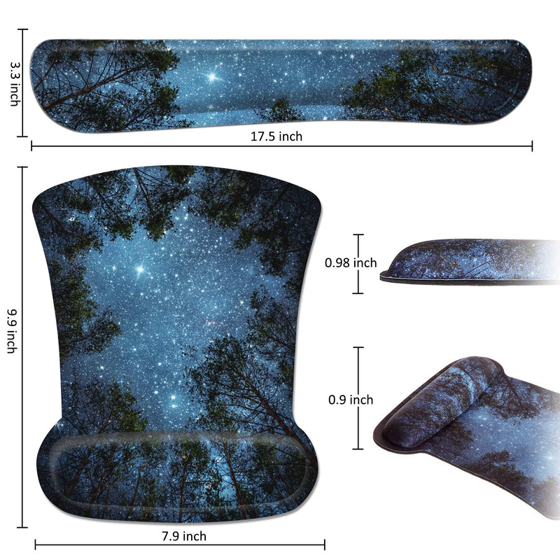 Ergonomic Mouse Pad with Wrist Support and Keyboard Wrist Rest Pad, iDonzon Cute Wrist Pad with Non-Slip Rubber Base and Raised Memory Foam, Easy Typing & Pain Relief, Forest Starry Blue