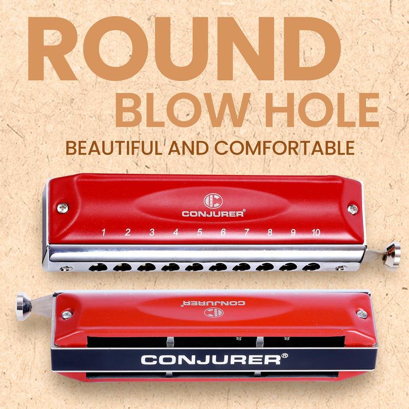 [AUSTRALIA] - CONJURER Chromatic Harmonica Valveless for Adult Beginners Students 10 Hole Harmonica Key of C Stainless Steel Mouth Organ with Brass Reed in Case, C Key Red 10-Hole Chromatic 