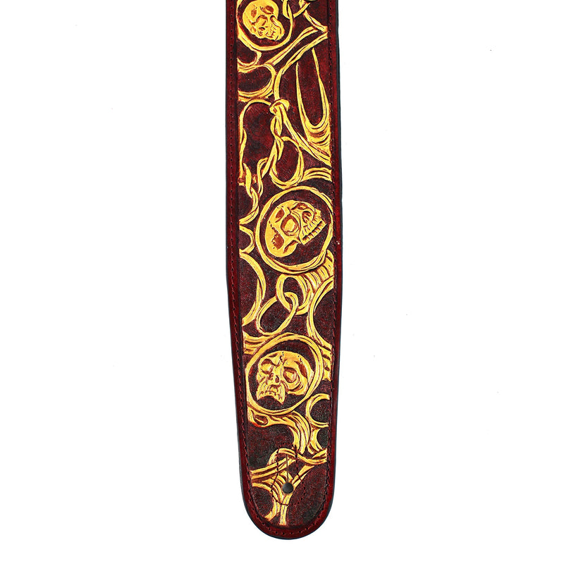 Walker And Williams LHR-45 Handmade Blood Red Premium Carving Leather Guitar Strap With Bright Gold Barbed Skull Carving And Padded Leather Back For Acoustic, Electric, And Bass Guitars