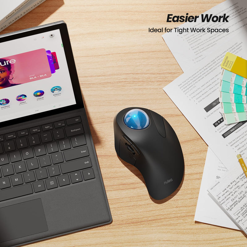 Nulea M505A Wireless Trackball Mouse Ergonomic 44mm Index Finger Control | Rechargeable rollerball mouse with 5 DPI levels,Bluetooth connection,smooth tracking,compatible with PC Mac Windows-Blue B-Blue