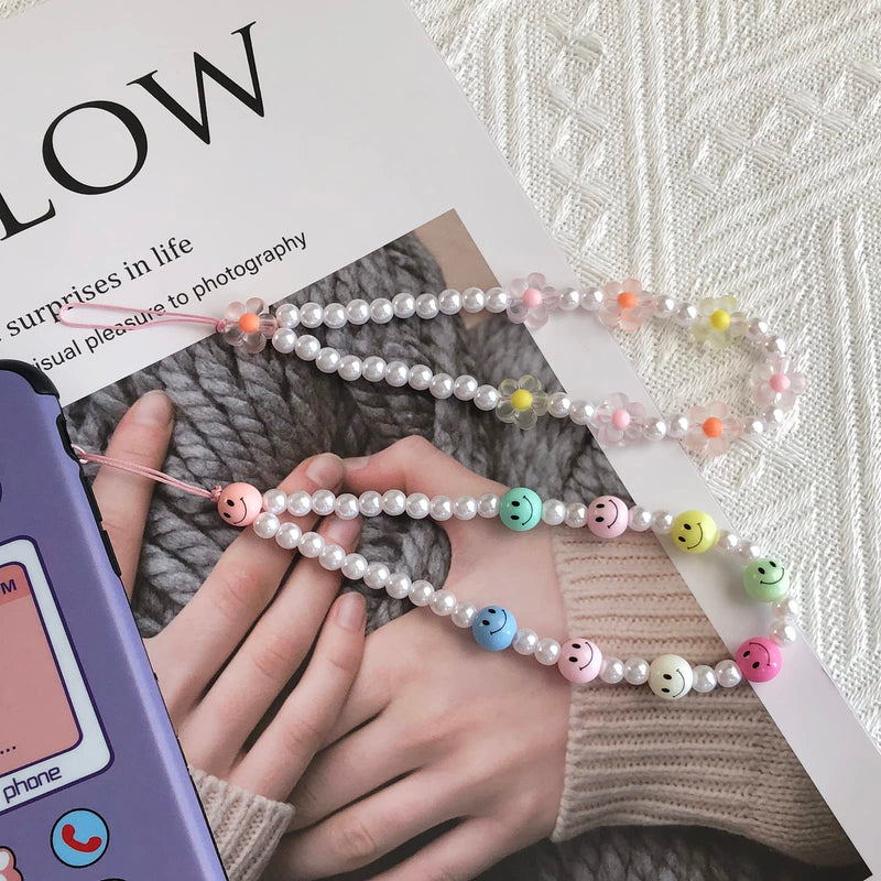 Beaded Mobile Phone Lanyard Wrist Strap Y2K Cute Phone Charms Smiley Face Flower Phone Anti-Lost Chains for Women Girls Style #1-Smiley Flower 3pcs