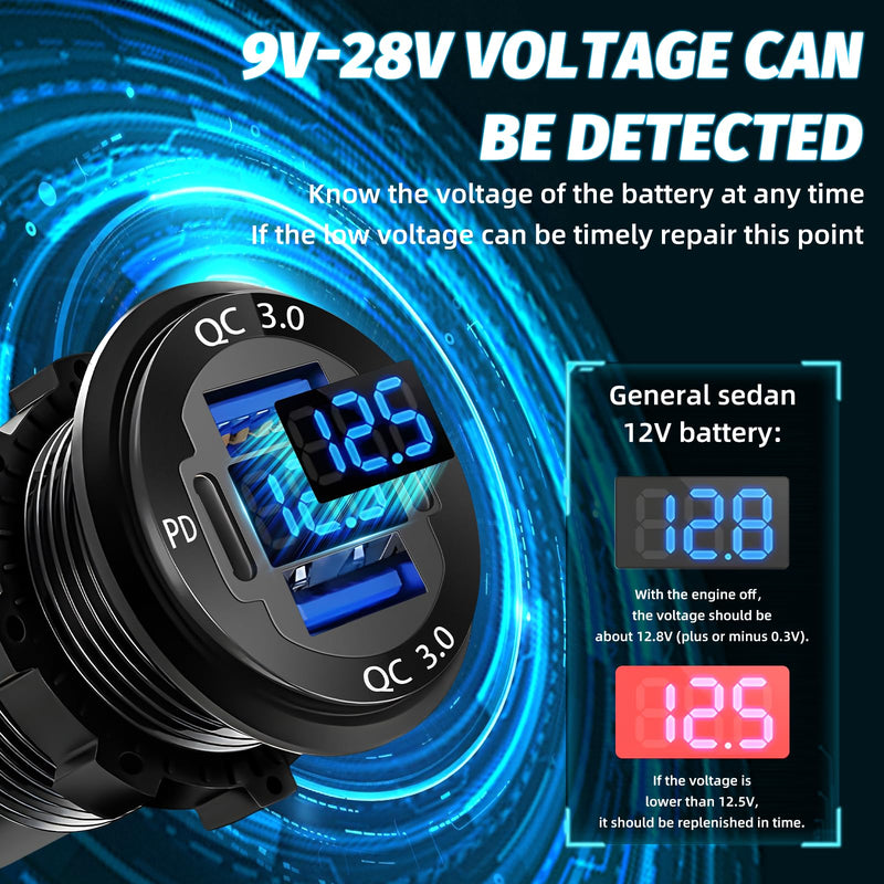 12 Volt USB Charger, 12v USB 4-Port Aluminum Alloy USB C Outlet with LED Voltmeter,Dual PD3.0 & QC3.0 for 12/24V Car Golf Cart Boat Marine Bus Truck RV Marine Motorcycle etc (Pack of Two) pack of two