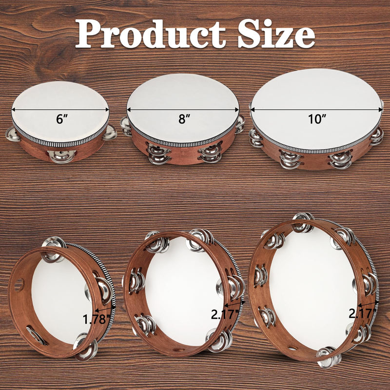 Wooden Hand Held Percussion Tambourine with Storage Bag - 6+8+10 Inches, Ideal for Church, Wedding, Party, Dance, Photo Shoot 6"+8"+10"