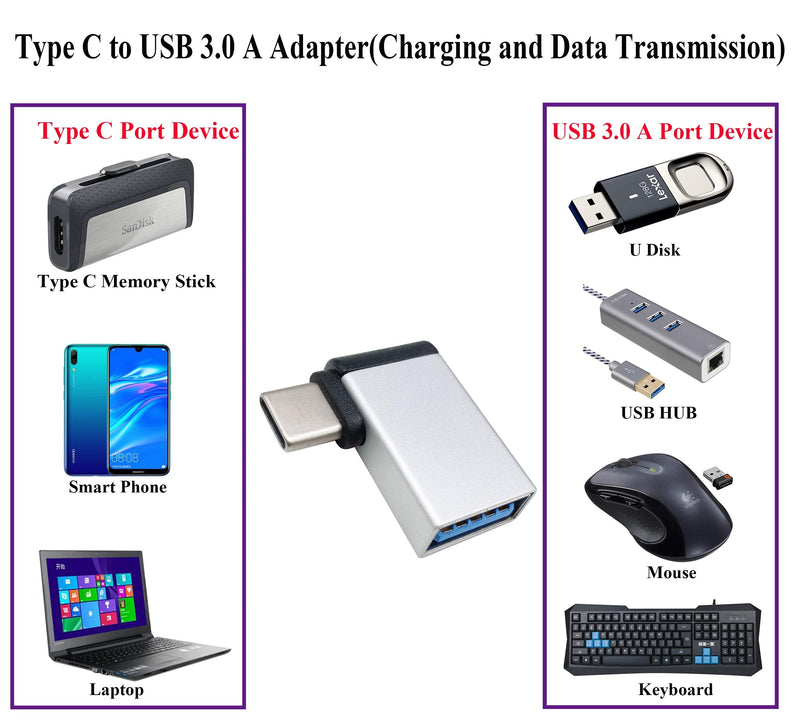 AAOTOKK Right Angle USB C to USB 3.0 Adapter 90 Degree Type C Male to USB A 3.0 Female Converter,On The Go(OTG) for Smartphone,Laptops,Mouse Keyboards,More USB and Type-C Devices (2 Pack-Silver M/F) silver M/F