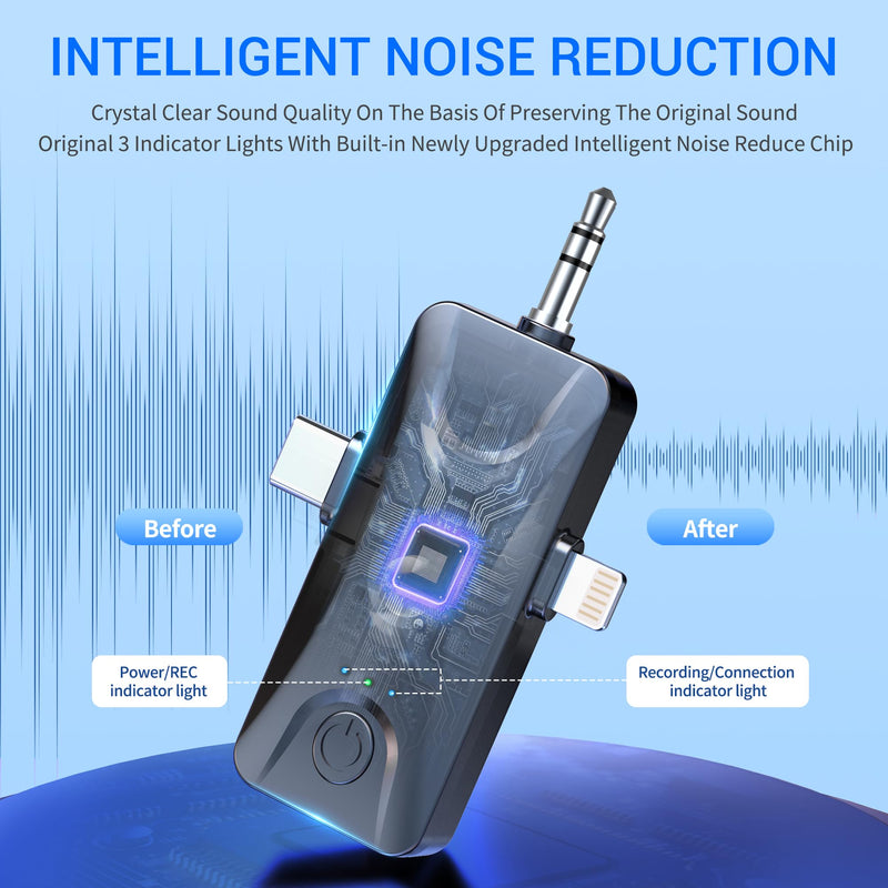 Wireless Lavalier Microphone for iPhone Android: Mini Lapel Mic with Intelligent Noise Cancelling, 48kHz/16bit, 100ft Range, for Camera, PC, Laptop, Video Recording, Streaming, Interview, Vlogs