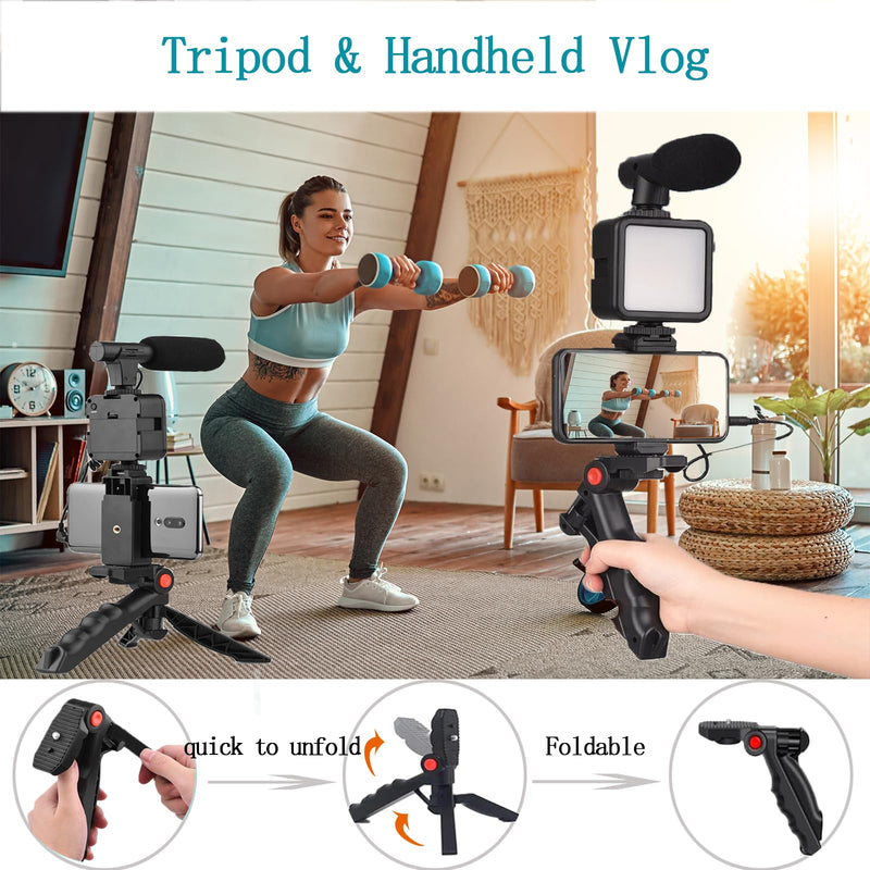 Vlogging Kit for iPhone, Android (with Tripod), with Mini LED Video Light + Cardioid Microphone + Phone Clip + Tripod for Video Calling, Vlogging, YouTube, Instagram, TikTok