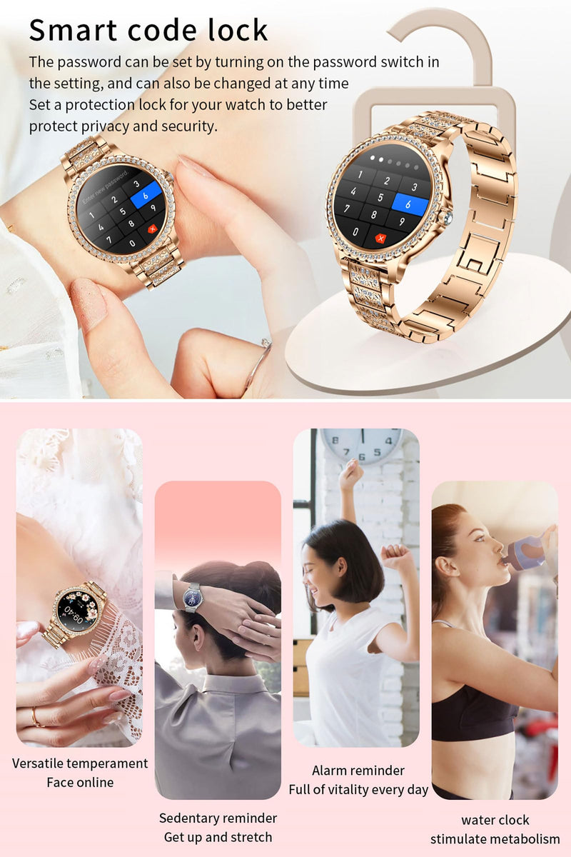 Yihou Luxury Gold Smart Watches for Women, Diamond Round Designer Fitness Tracker Smartwatch for Android iOS Phones with Make/Answer Call Sleep Monitor