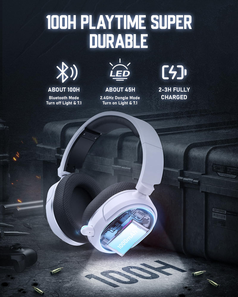 [AUSTRALIA] - Wireless Gaming Headset, 7.1 Surround Sound, 2.4GHz USB Gaming Headphones with Bluetooth 5.4, 100H Battery, ENC Noise Canceling Mic, RGB Light, Wireless Headset for PC PS5 PS4 Mac Switch (Black-White) Black-White 