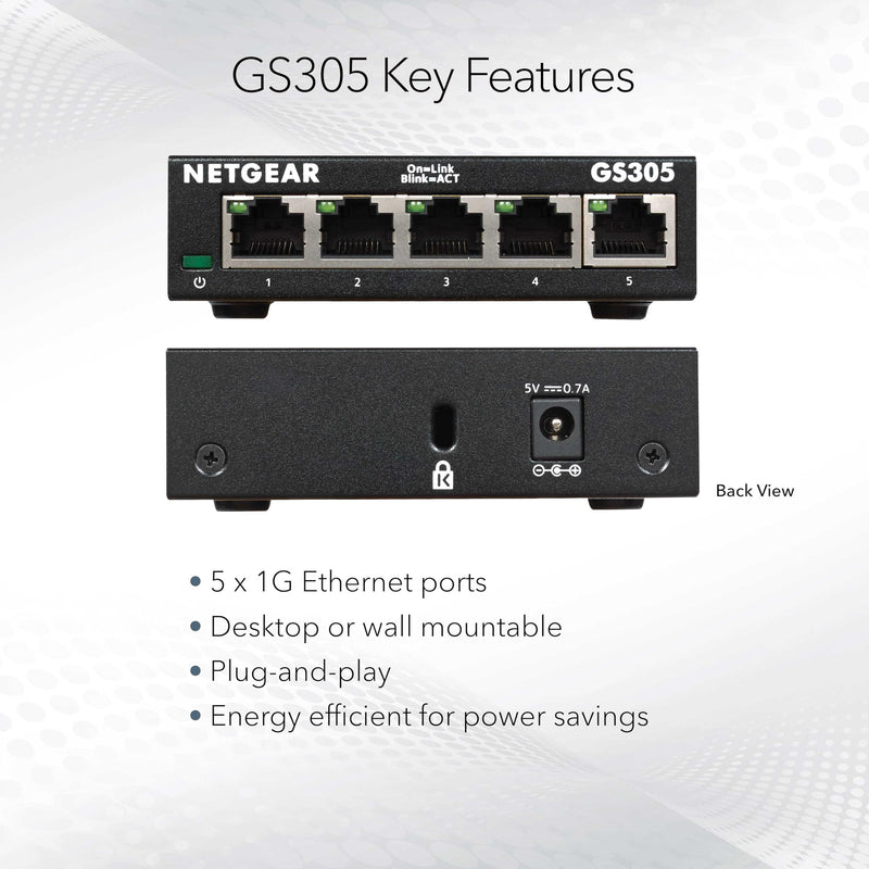 NETGEAR 5-Port Gigabit Ethernet Unmanaged Network Switch (GS305) | Essentials Model, Home Network Hub, Office Ethernet Splitter, Plug-and-Play, Silent Operation, Desktop or Wall Mount 5 Port