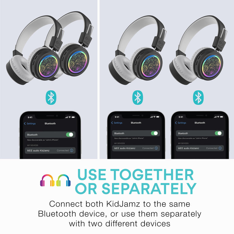 MEE audio KidJamz Share Bluetooth Headphones for Kids with LED Lights, 85dB Volume Limiter, Microphone, 40h Battery; Childrens Headset for School/iPhone/iPad/Tablet (Model: KJ55BT-S, 2-Pack) Black Share (2-Pack)