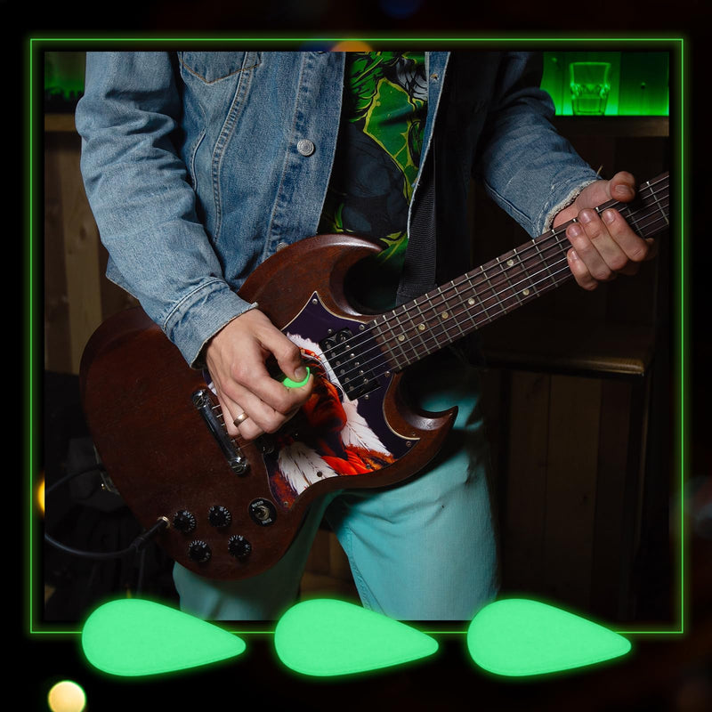 15 Pcs Glow in the Dark Guitar Picks Plectrums Celluloid Guitar Picks 3 Sizes 0.5 0.75 1.0 mm, Thin Medium Heavy Thickness, Light up Guitar Picks for Bass Electric Acoustic Guitars Ukulele