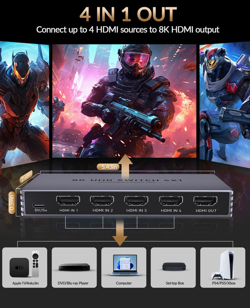 HDMI Splitter 4K 240Hz HDMI Switcher 4 in 1 Out - 8K60Hz 4K240Hz Hdmi Switch with Remote HDR10+ HDMI2.1 3D CEC HDR HDCP2.3, Add Extra hdmi Ports for TV PS5/4/3 Xbox DVD Player Nintendo PC Fire Stick