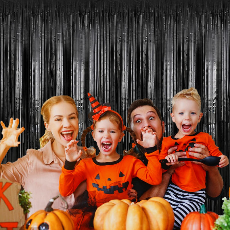 2 Pack 3.2 ft x 9.8 ft Black Tinsel Curtain Party Backdrop Decorations, Metallic Foil Fringe Backdrop Door for Halloween, Christmas, Birthday Graduation Wedding Party Streamers Photo Backdrop.