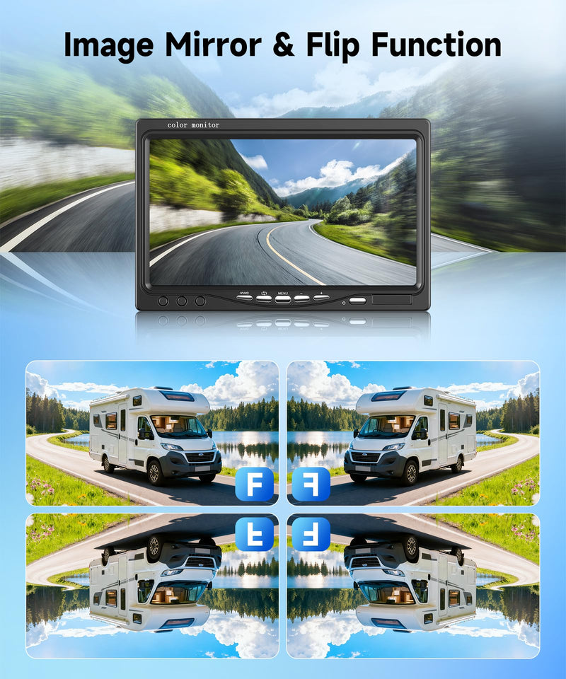 Backup Camera Kit with 7-Inch LCD Monitor, Upriding IP68 Waterproof 18IR Night Vision Rear View Camera for Trailer RV Camper Truck Pickup Bus, +32ft Extension Cable, DIY Guidelines(12V-24V)