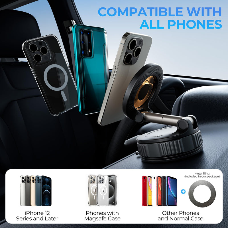 Vacuum Magnetic Suction Phone Holder, 360° Adjustable Suction Cup Phone Mount for Car/Gym/Mirror/Shower, Hands-Free Car Phone Holder, Compatible with iPhone Android and All Smartphones Black
