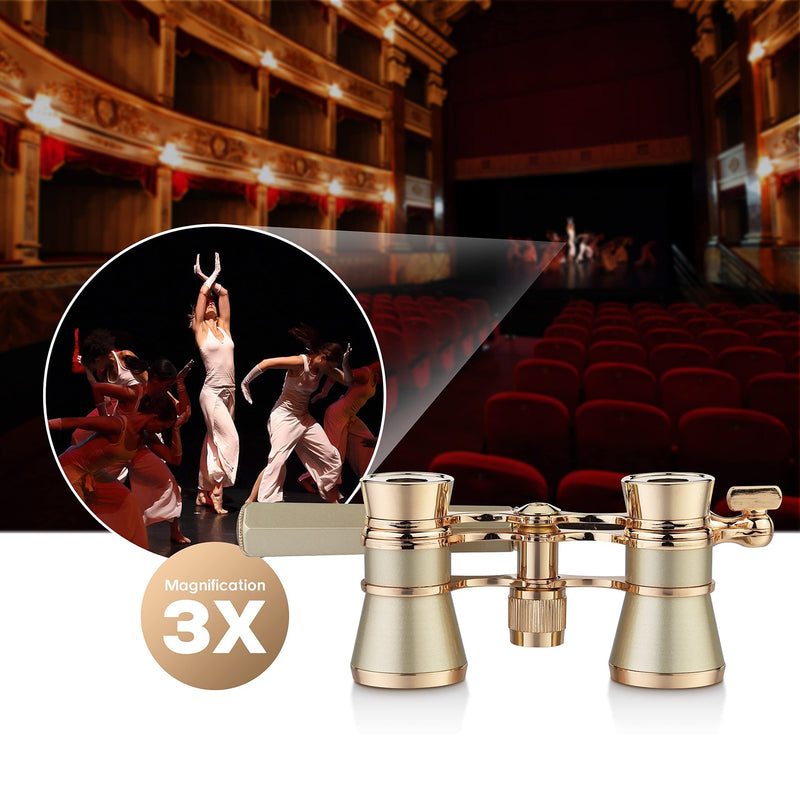Yourelexit® Opera Glasses Binoculars 3X25 Lorgnette Theater Glasses Optical BK9 Mini Compact Lightweight Built-in Foldable Adjustable Handle Vintage for Adults Women Men in Musical Concert Cinema Gold With Handle and Neck Chain