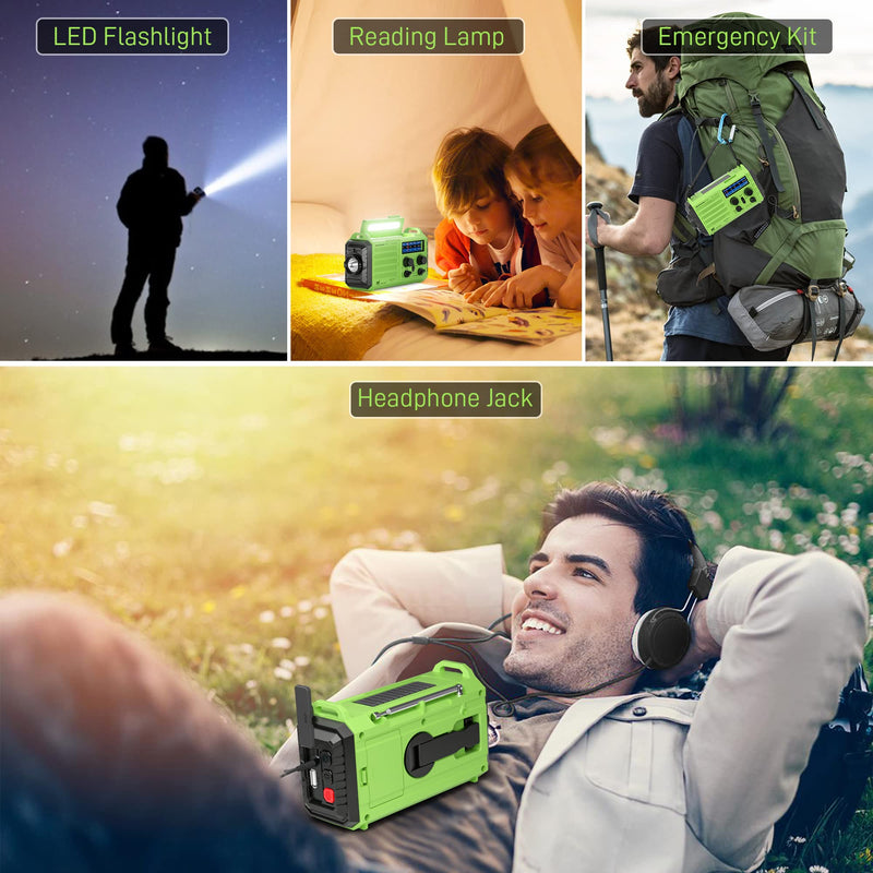 [AUSTRALIA] - Emergency Weather Radio – 18500mWh Portable AM/FM/SW/NOAA Radio with Solar Hand Crank, Rechargeable Battery, USB Charger, LED Flashlight, Reading Light, and SOS Alarm, for Home Outdoor (Green) Green 