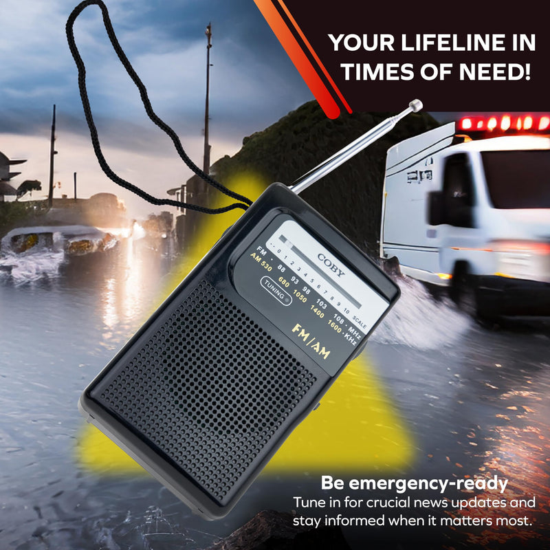 [AUSTRALIA] - Coby Portable AM/FM Radio – Retro Battery Operated Pocket Radio with Powerful Speakers, Long 800-Hour Battery, Clear Reception, Emergency & Travel Transistor Device for Home or Outdoors B-Black 