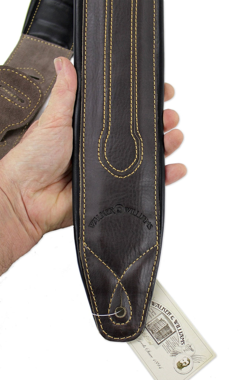 Walker & Williams C-34-BRN Cognac Brown Premium Top Grain Leather Padded Guitar Strap 3 1/4" Wide For Acoustic, Electric, And Bass Guitars