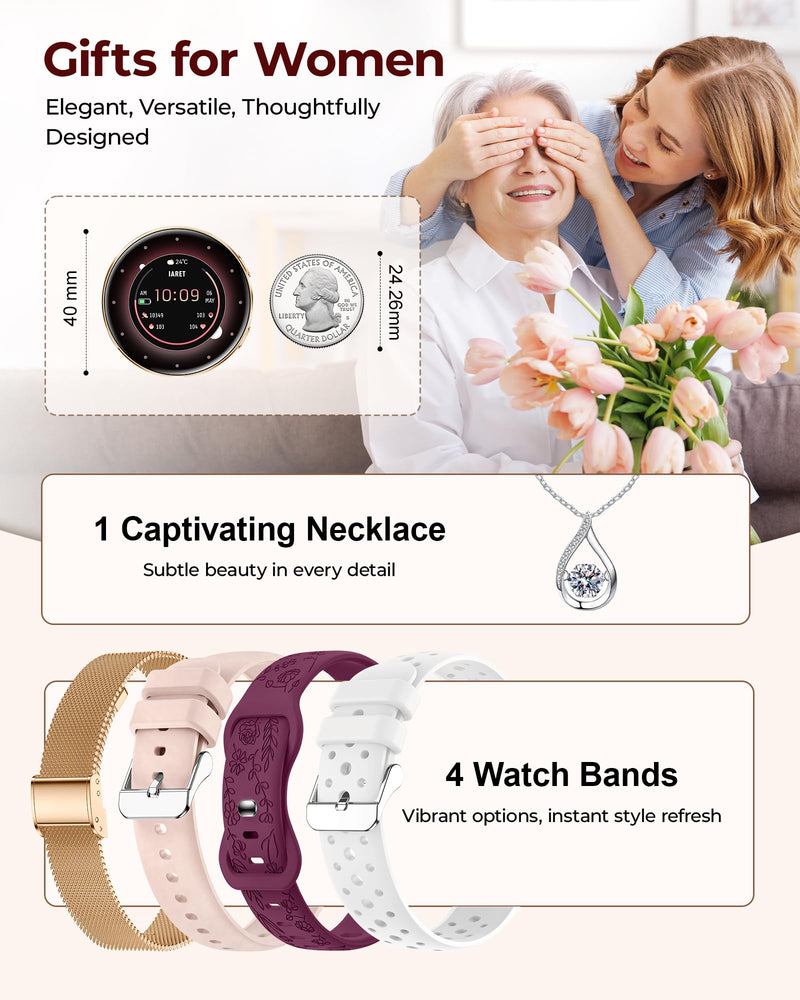 Iaret Smart Watch for Women, 1.27" HD Fitness Tracker with 4 Bands & Necklace Gift Set, Heart Rate SpO2 Sleep Monitor, 120+ Sport Modes, Call & Notifications, Smartwatch for Android iPhone, 40mm Rose Gold