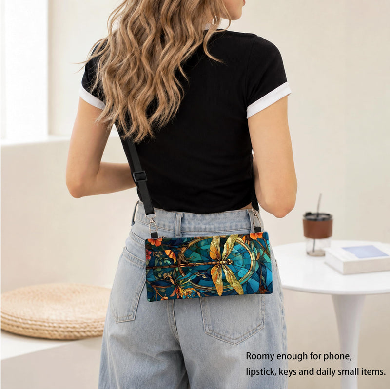 Dragonfly Golden Line Art Phone Case, 2D Flat Fabric Crossbody Pouch | Adjustable Strap, Phone Wallet