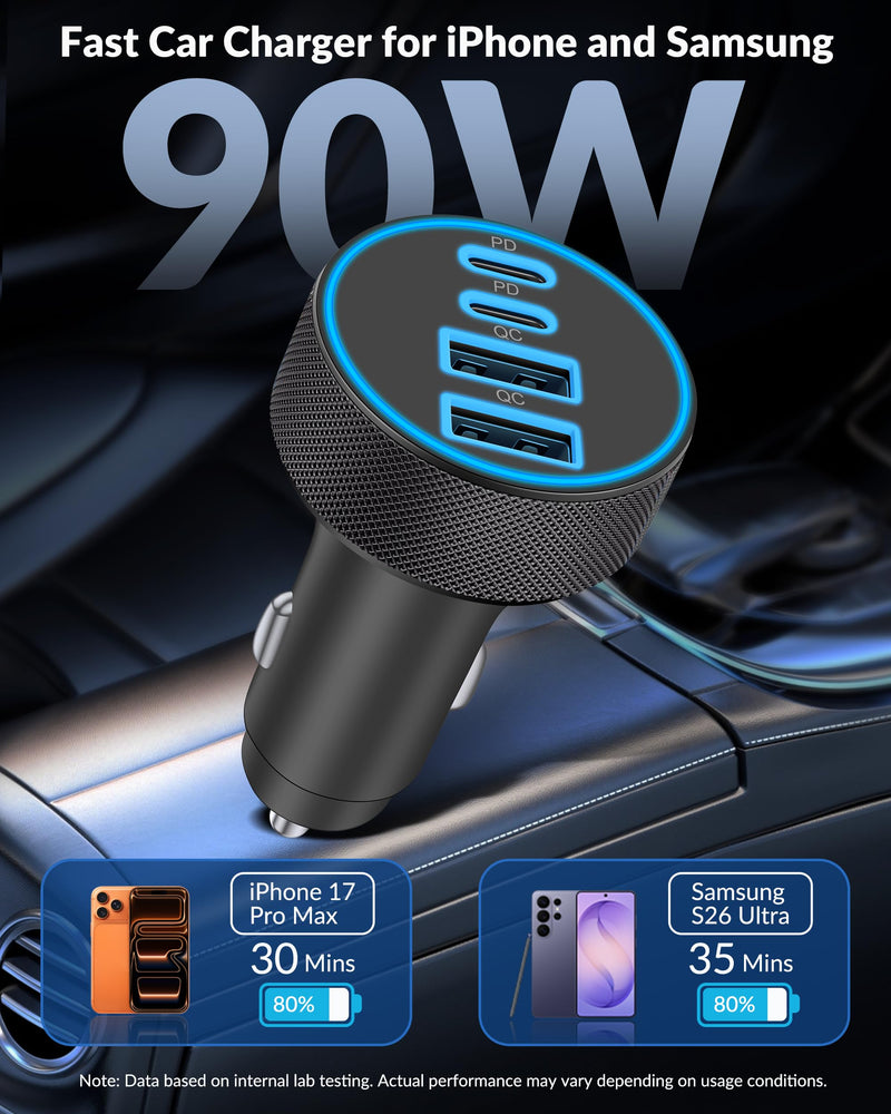 iPhone 17 16 15 Car Charger Fast Charging, 90W 4Port USB C Fast Car Charger | Cigarette Lighter Adapter, with 240W 3FT USB-C Cable, for iPhone 17/17 Pro Max/17e/16/15 Pro Max/Plus, iPad, Android, 2 Pack Matte Black Car Charger x2 + Cablex2