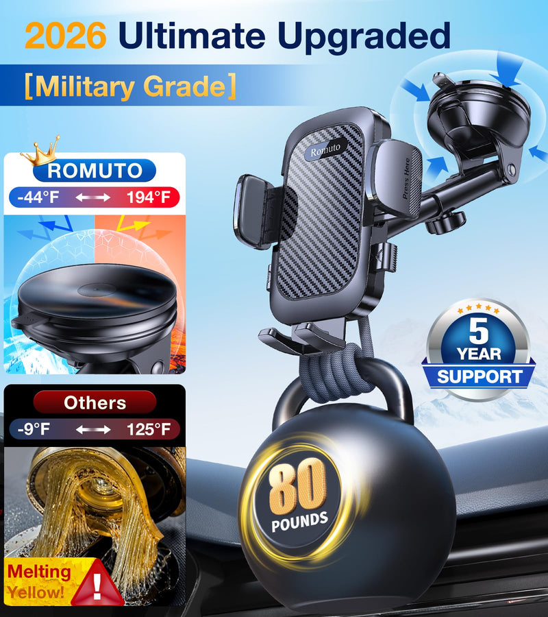 Romuto Car Phone Holder Mount [True Military-Grade Suction & Stable Vent] | Phone Holders for Your Car Phone Mount Car Accessories Suction Phone Mount for Jeep BMW Truck Cradle Stand for iPhone Samsung Clear Black