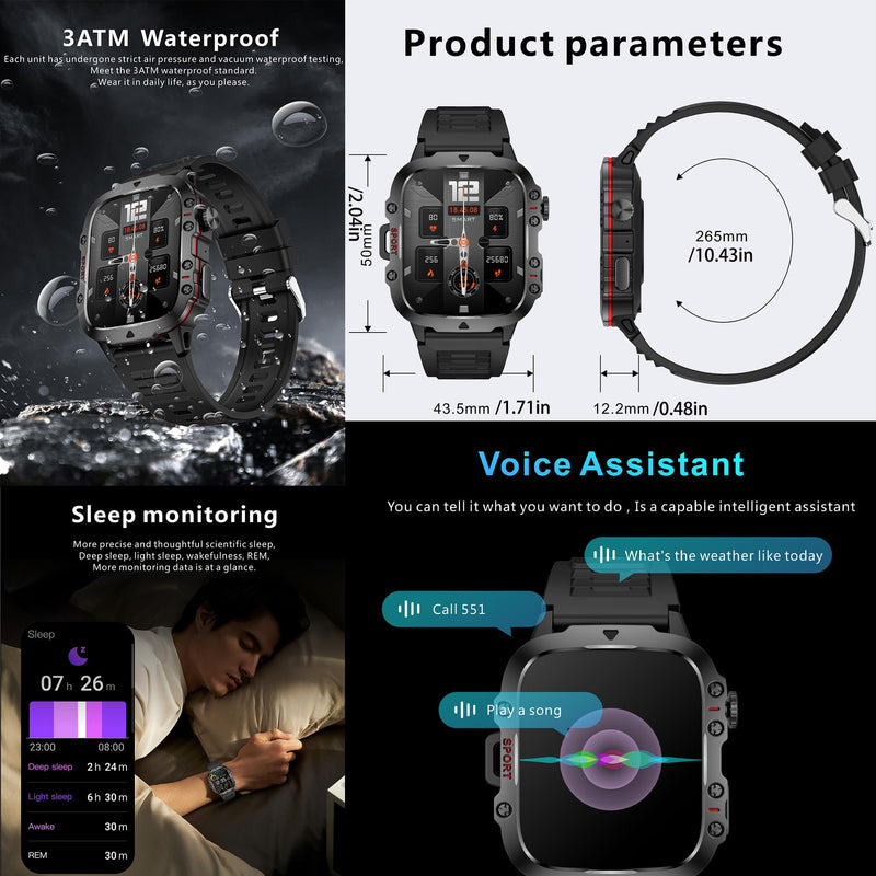 Military Smart Watch for Men(Answer/Dial Calls), 5ATM Waterproof Smartwatch Fitness Tracker for Android iPhone, 1.96" Activity Tracker with Heart Rate Sleep SpO2 Monitor, Calorie, 3 Straps (Brown) Brown