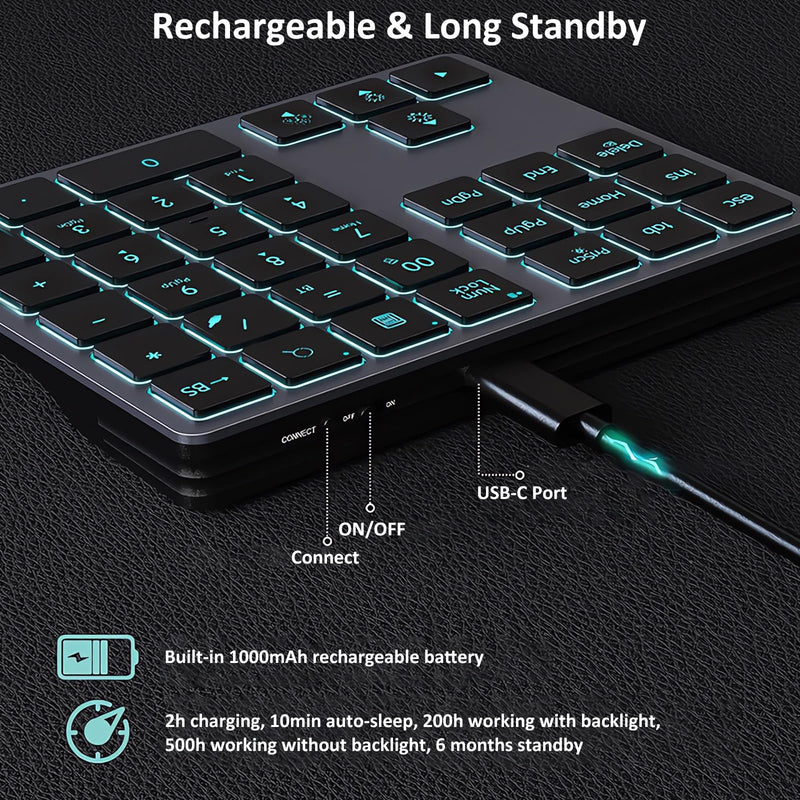 Tri-Mode Aluminum Numpad 7-Color LED Backlit, BT5.0/USB/2.4G Wireless Rechargeable Number Pad 35-Key Scissor Switches Light Up Keycaps for PC/Laptop/Win/Mac, Grey Black